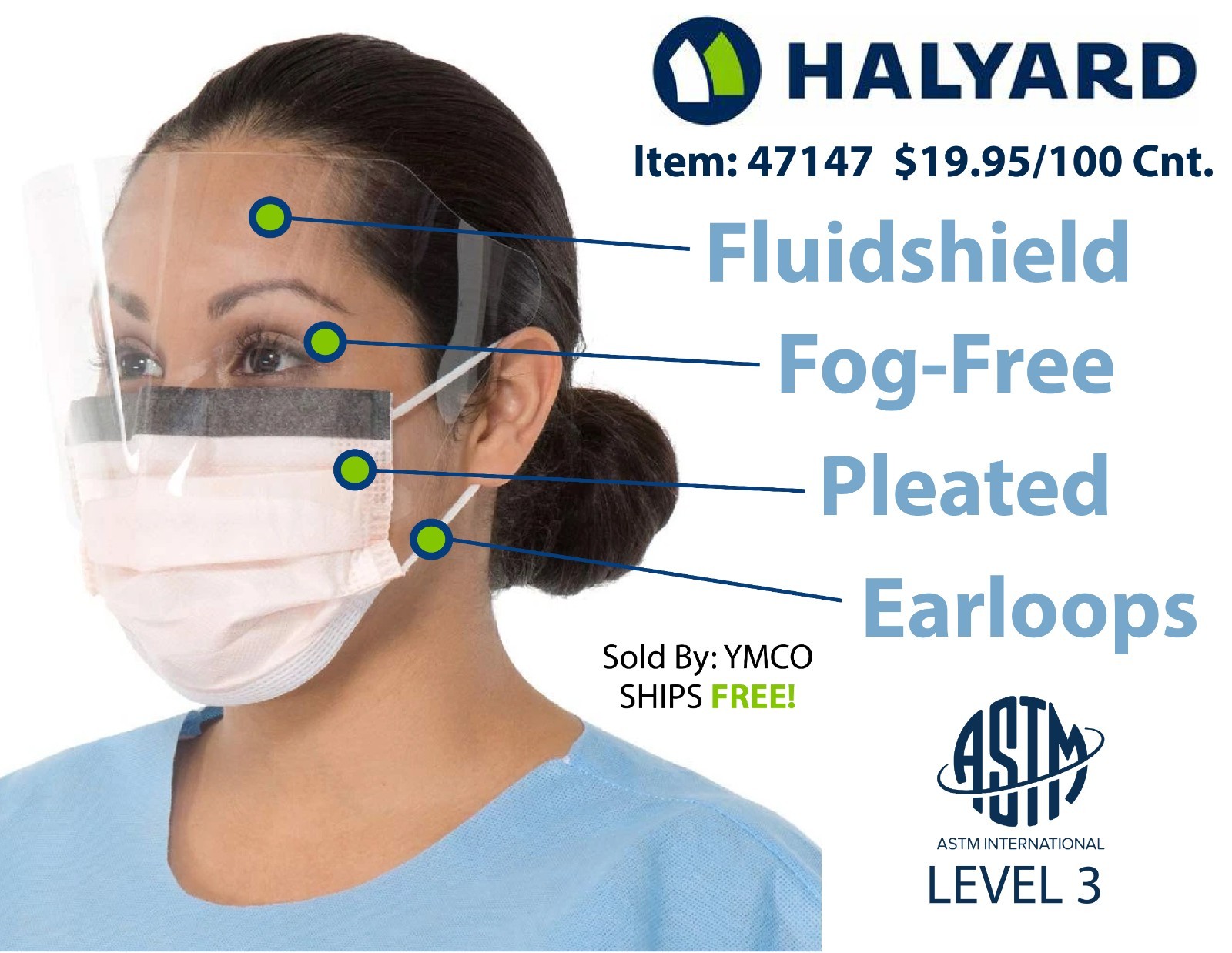 Halyard 47147 Fog-Free FluidShield Procedure Mask Pleated, Earloops ASTM Level 3