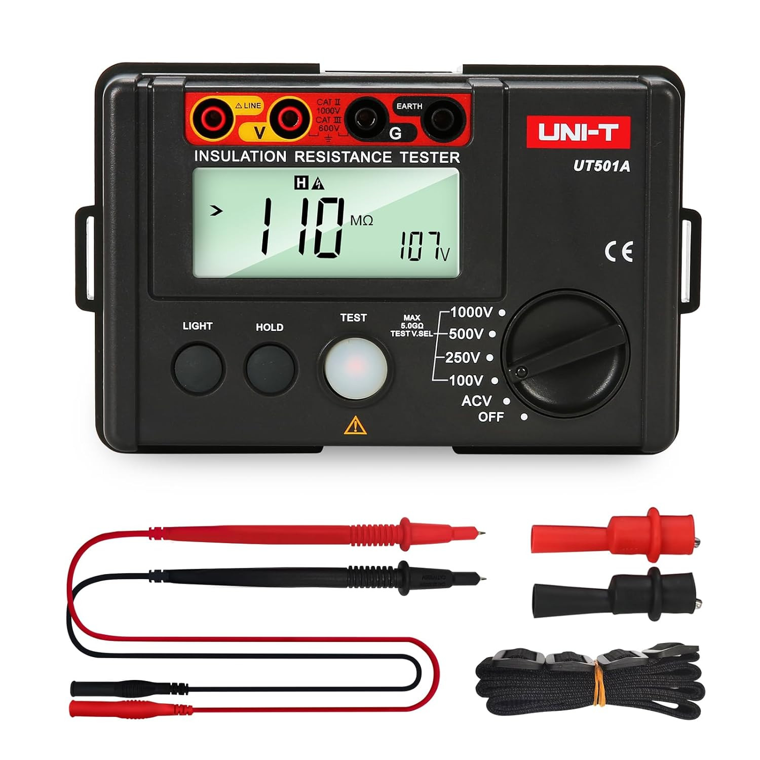 UT501A Digital Megohmmeter 125V-1000V Insulation Tester, 2000 Counts Auto Rangin