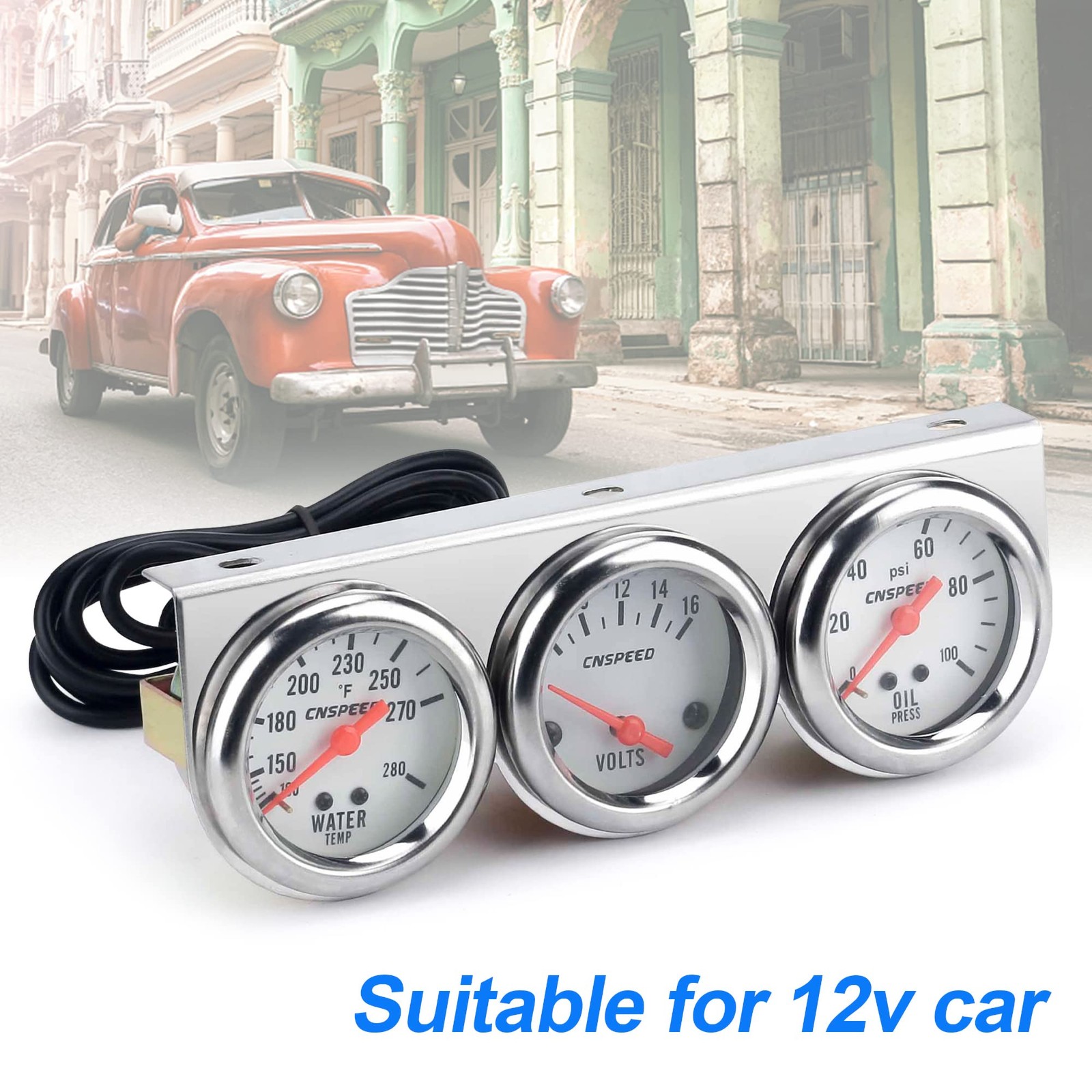 CNSPEED 2″ 52mm Triple Gauge Kit Volt, Water Temp, Oil Pressure Auto Gauge Set