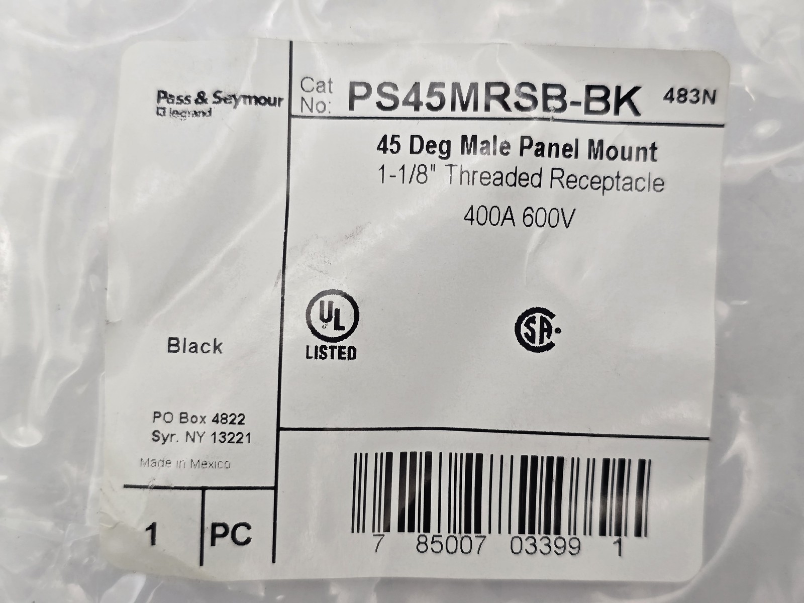 Pass & Seymour PS45MRSBBK 45 Deg Male Panel Mount 1-1/8″ Threaded 400A 600V