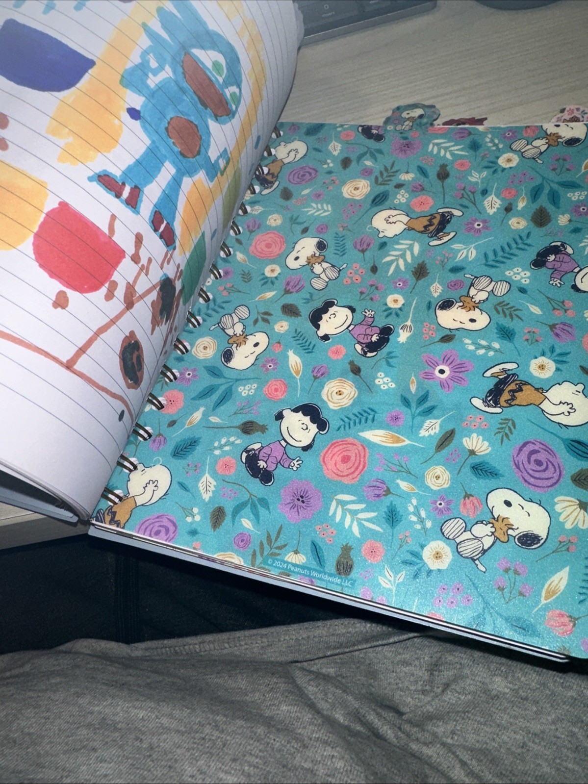 Peanuts Notebook Spiral Journal 8.25″ Snoopy Charlie Brown Purple Flowers w/Div