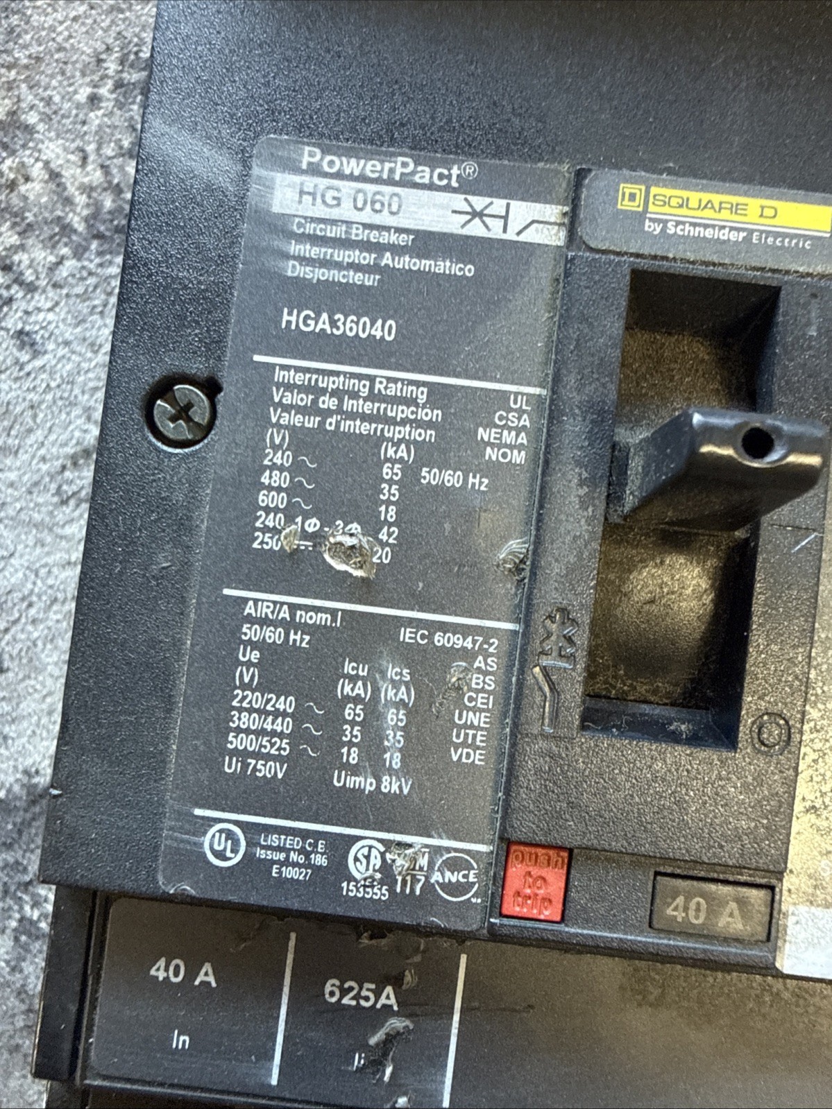 Square D HGA36040 40A 600V 3-Pole Main Circuit Breaker