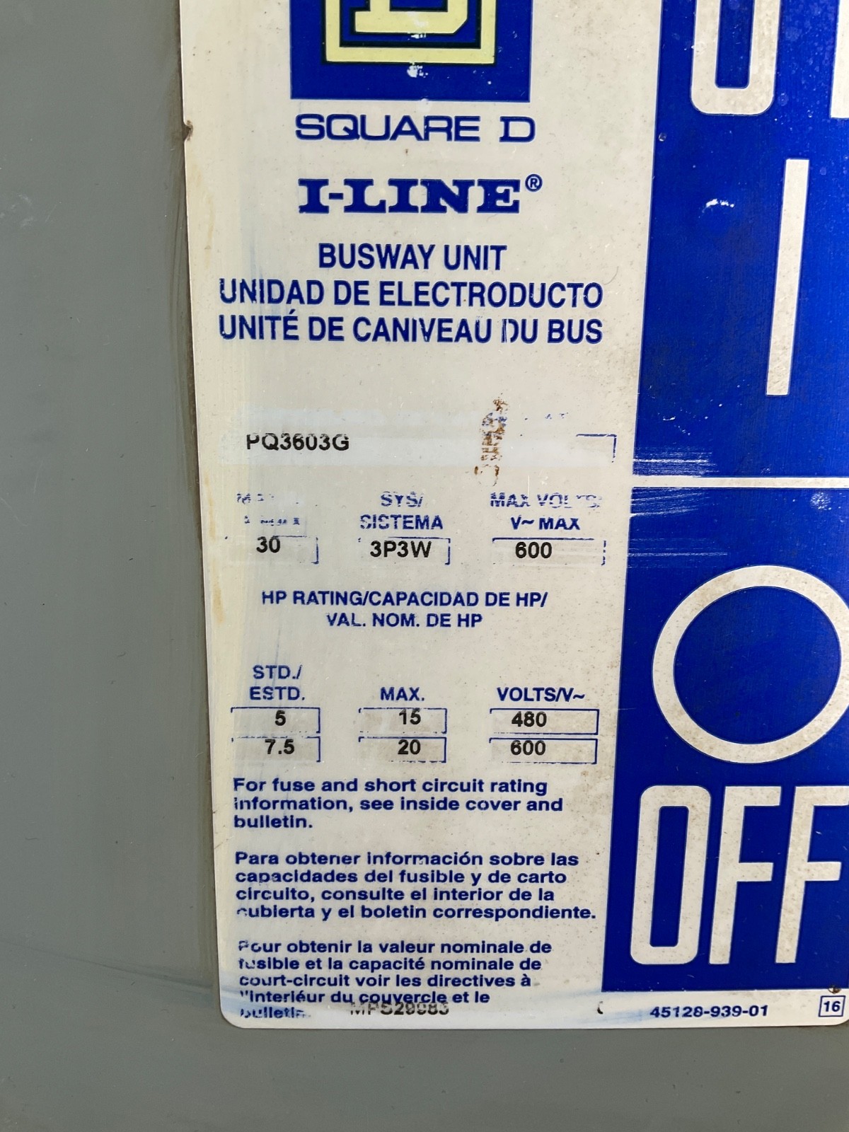 SQUARE D PQ3603G I-LINE BUSWAY FUSIBLE BUS PLUG SWITCH 30 A 3P3W 600V
