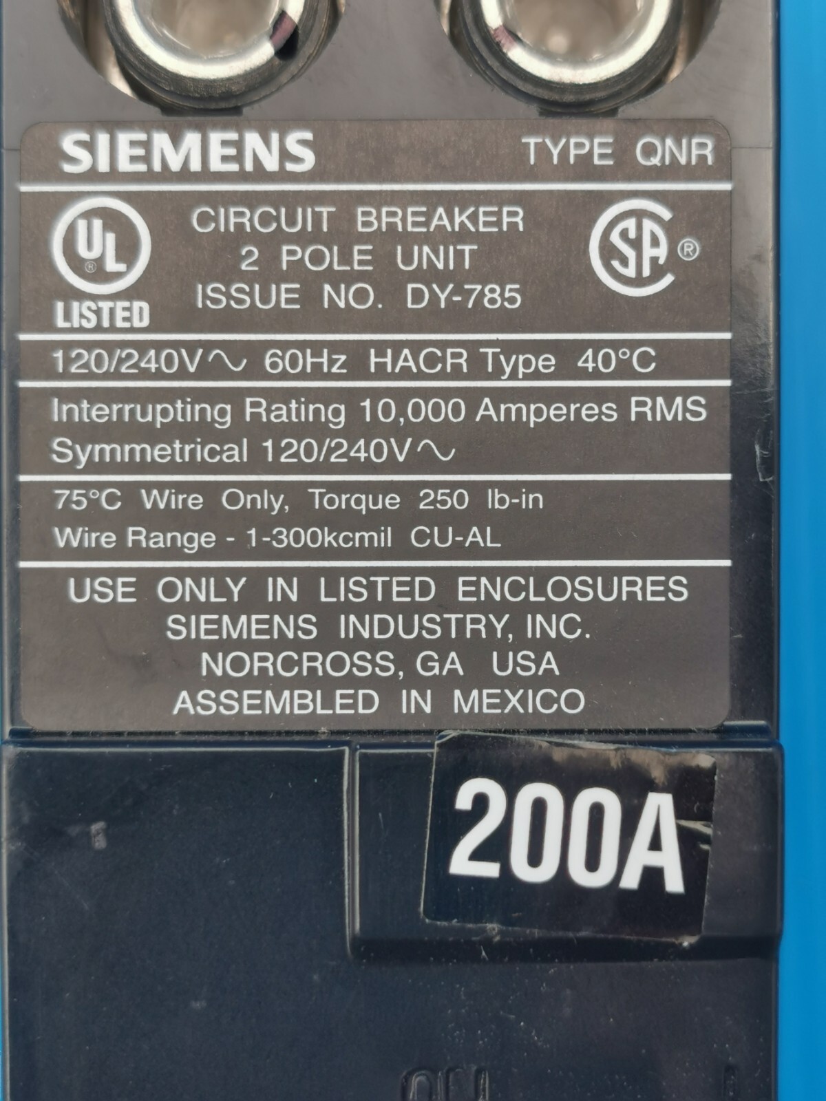 Siemens QN2200R 200-Amp 2 Pole 240-Volt Circuit Breaker