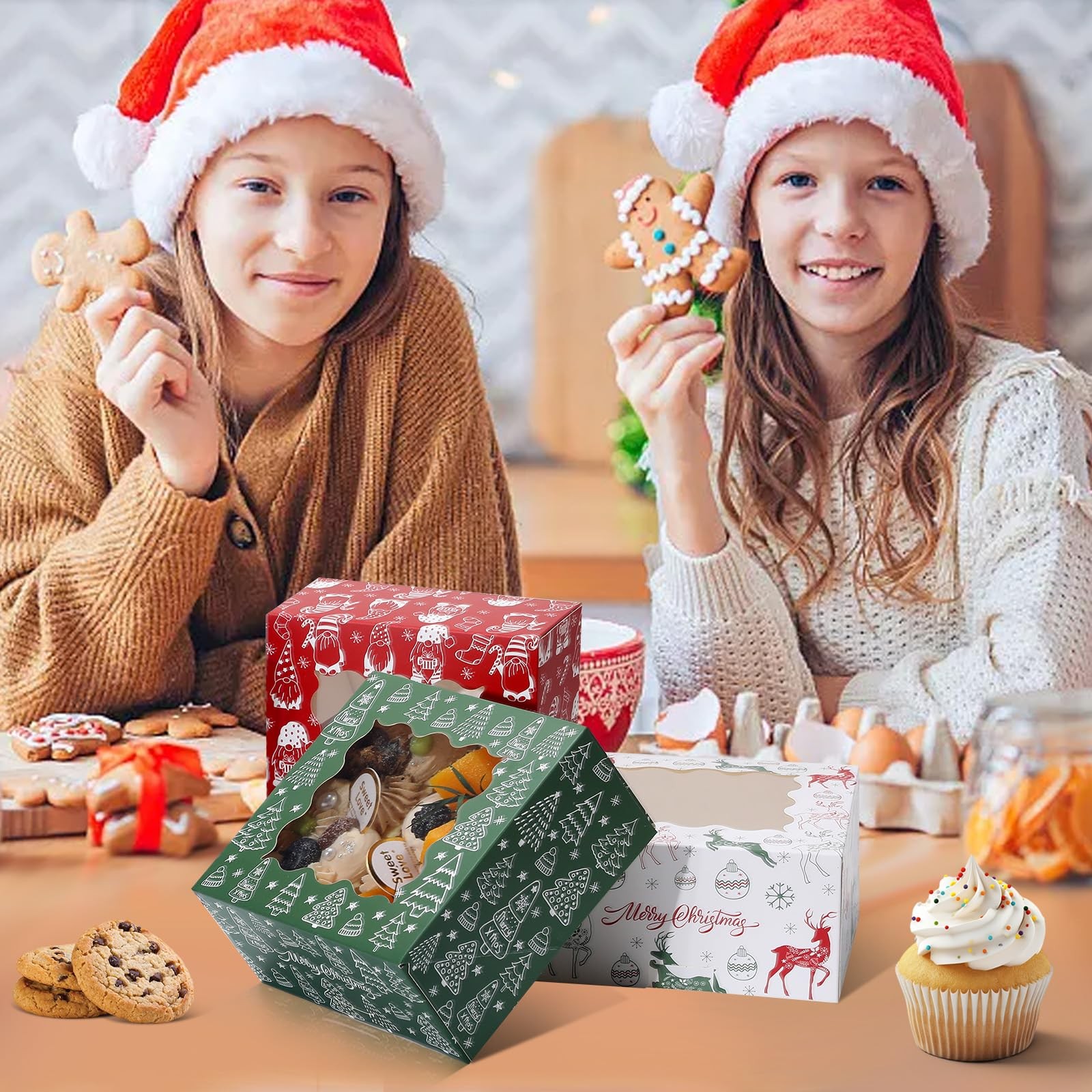 COTOPHER 30Pcs Christmas Cookie Boxes for Gift 6x6x3 inches, 6x6x3inch