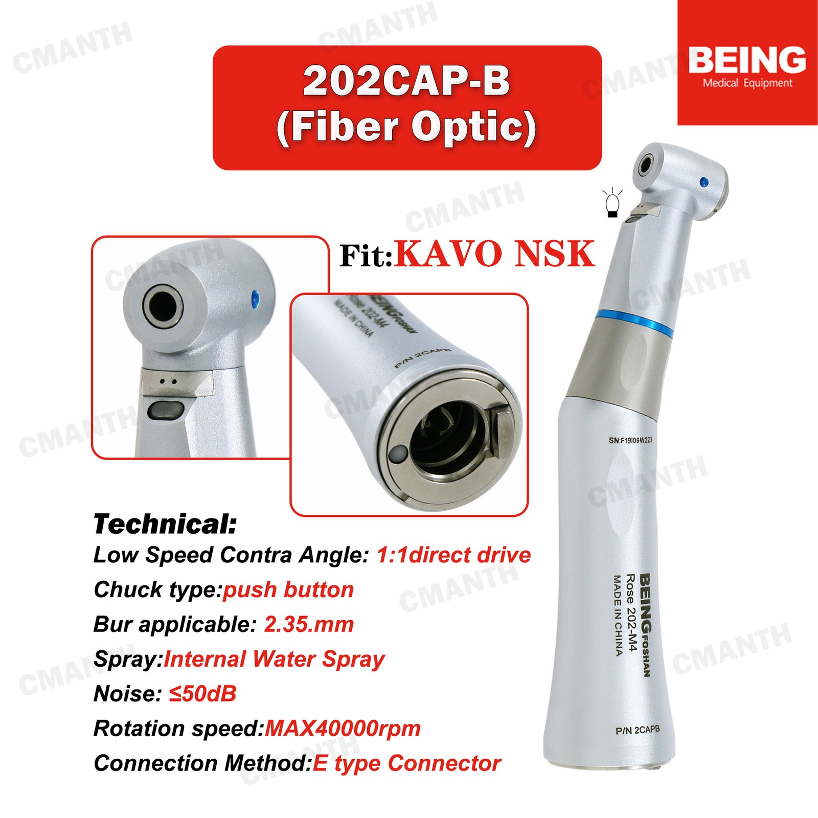 BEING Dental Low Speed Handpiece Contra Angle1:1 20:1Fiber Optic2/4/6H Air Motor