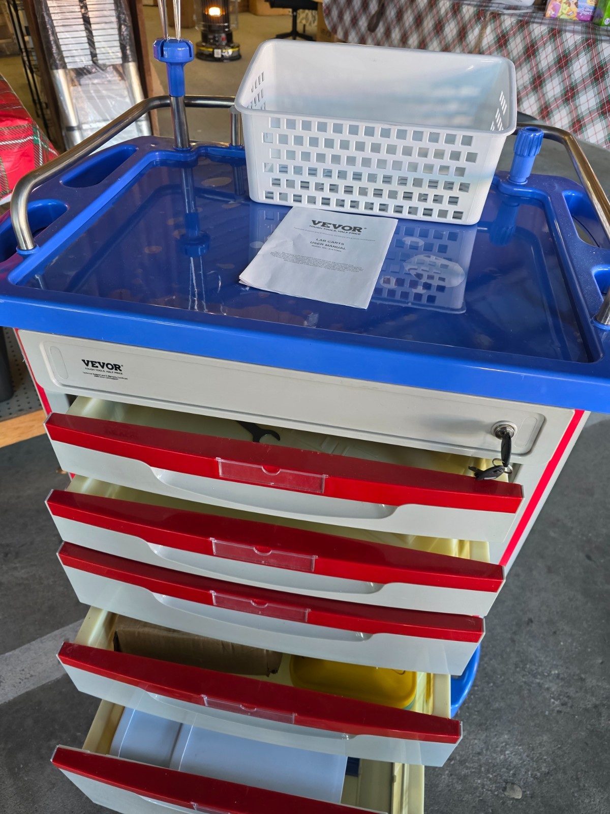 VEVOR 5 Tier Lab Cart – Mobile Medical Cart with 5 Drawers, IV Pole, Back Board