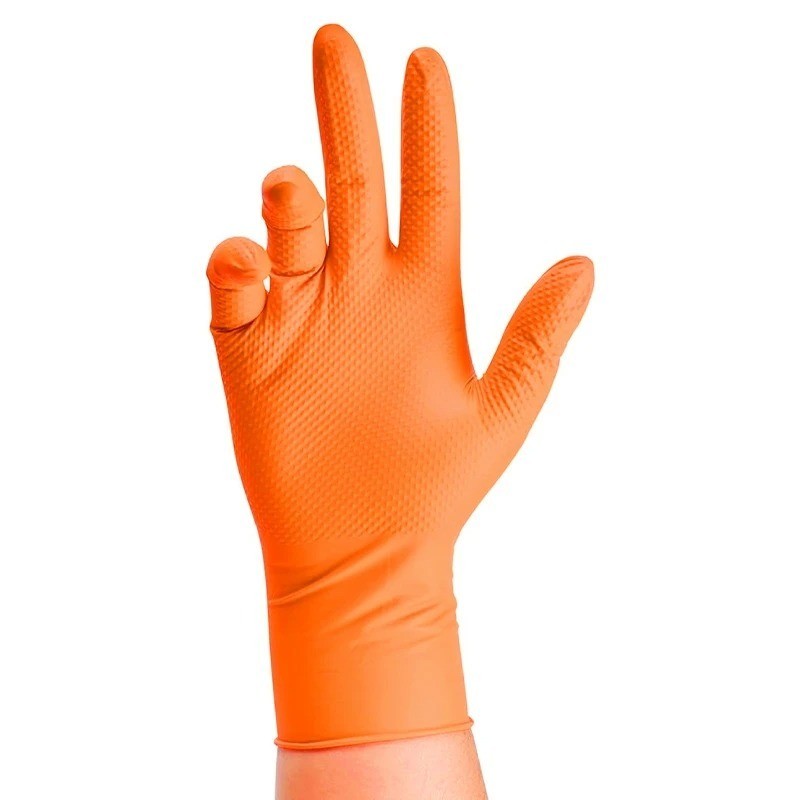 Heavy Duty Orange Nitrile Gloves 8Mil Industrial Disposable Gloves with Diamond