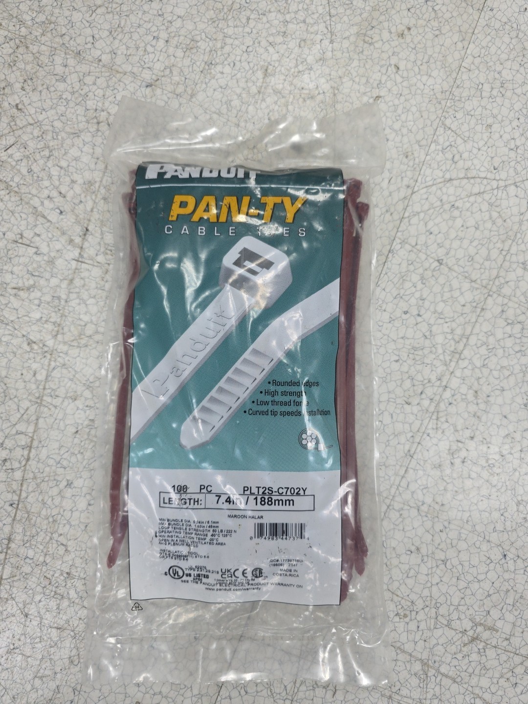 Panduit Plt2s-C702y Cable Tie, 7-1/2 In L, 1-15/16 In Max Bundle Dia., Red,
