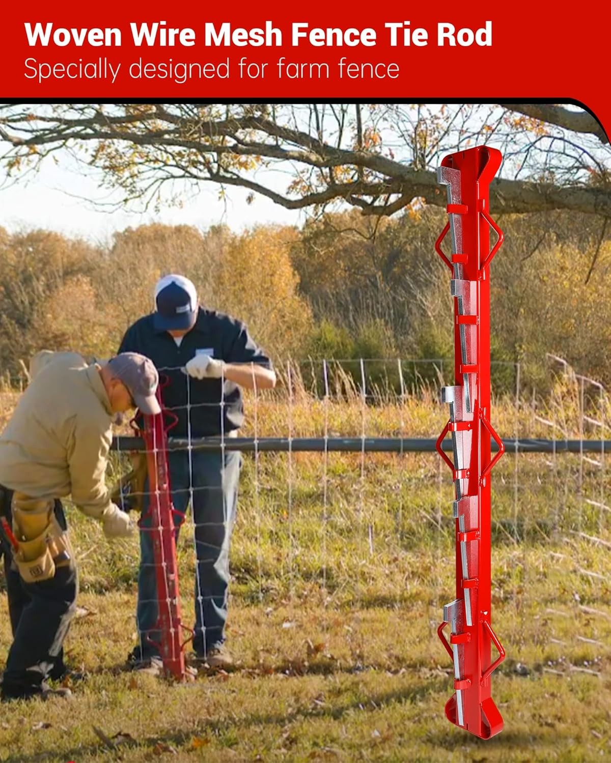 4Ft Woven Wire Fence Stretcher Bar with 5 Wedges, Red Fence Stretcher Tool Steel