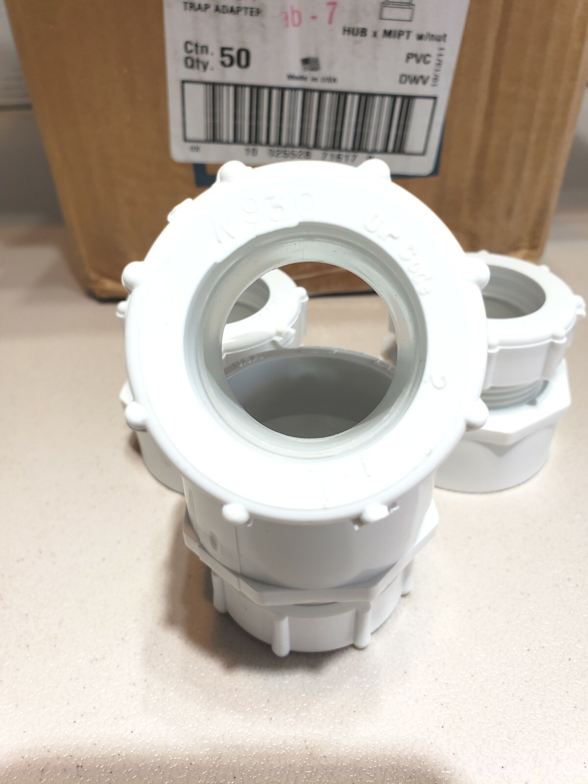 Case of 50- LASCO Trap Adapter w/washer & Plastic Nut PVC 1 1/2 x 1 1/4 Inch NOS