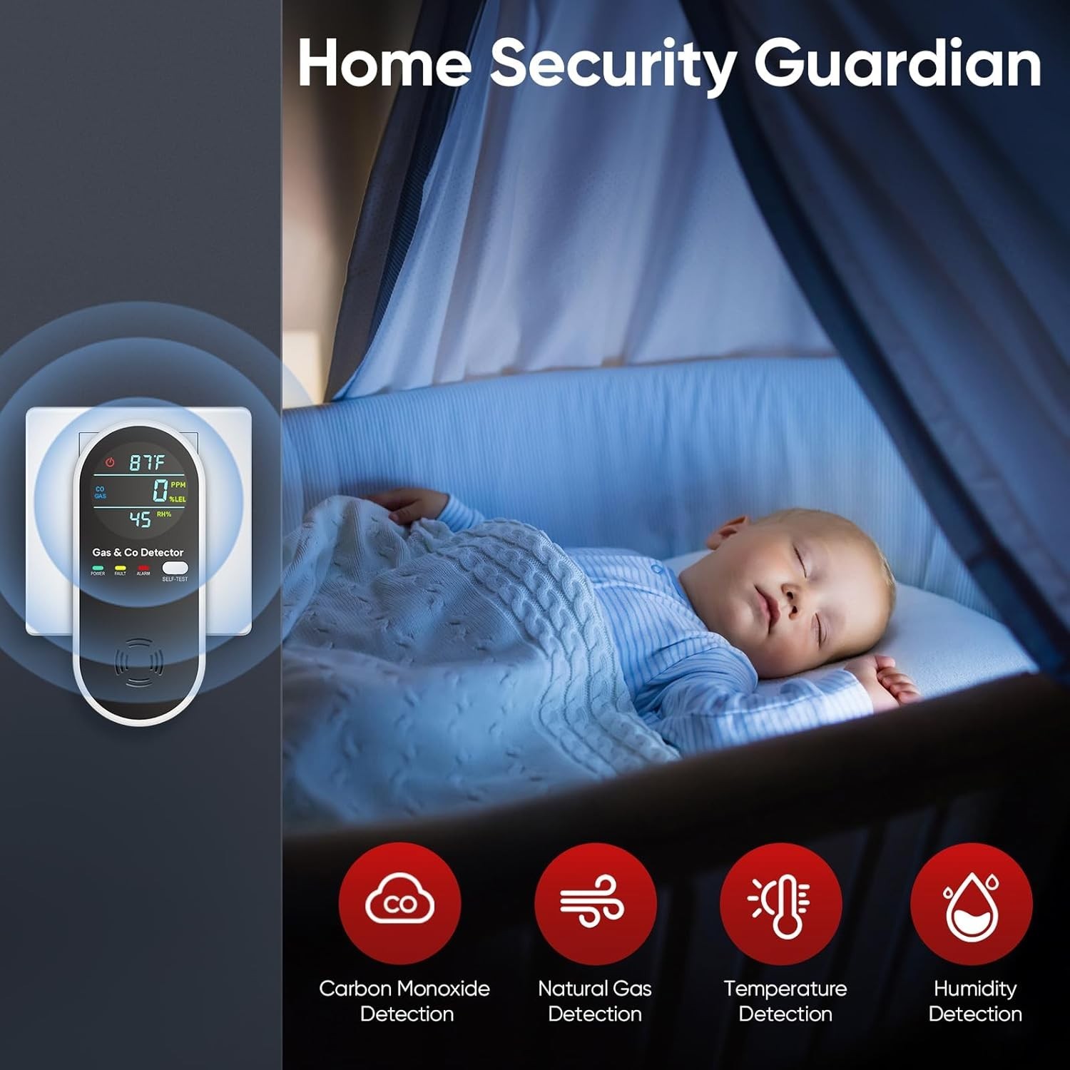 4PCS 4-IN-1 NATURAL GAS LEAK DETECTOR & CARBON MONOXIDE DETECTORS W/ TEMPERATURE