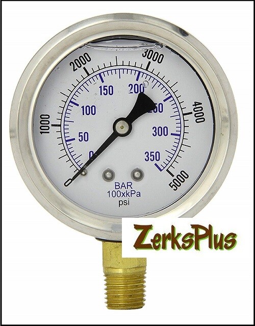 Liquid Filled 2-1/2 Pressure Guage Stainless Case Lower Mount, 0-500PSI