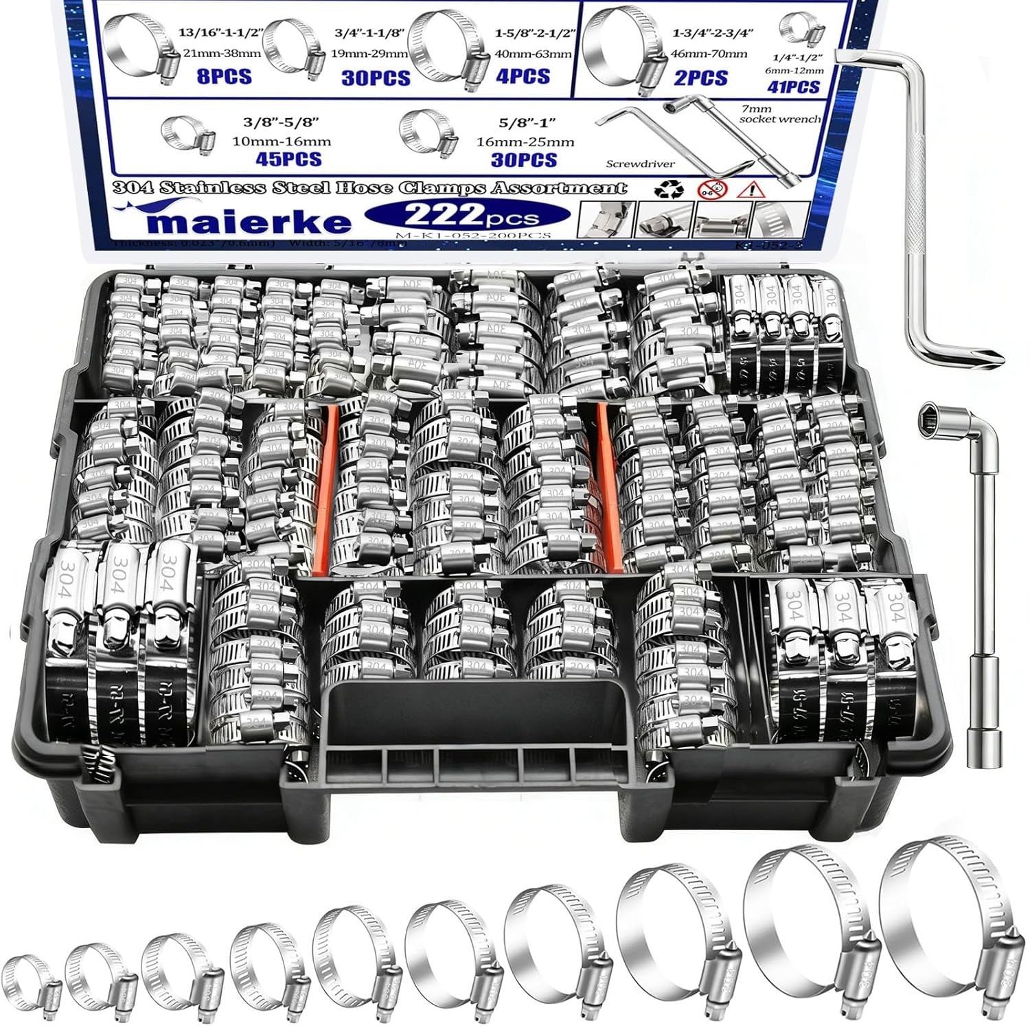 222PCS 304 Stainless Steel Hose Clamps Assortment Kit,Metal Adjustable