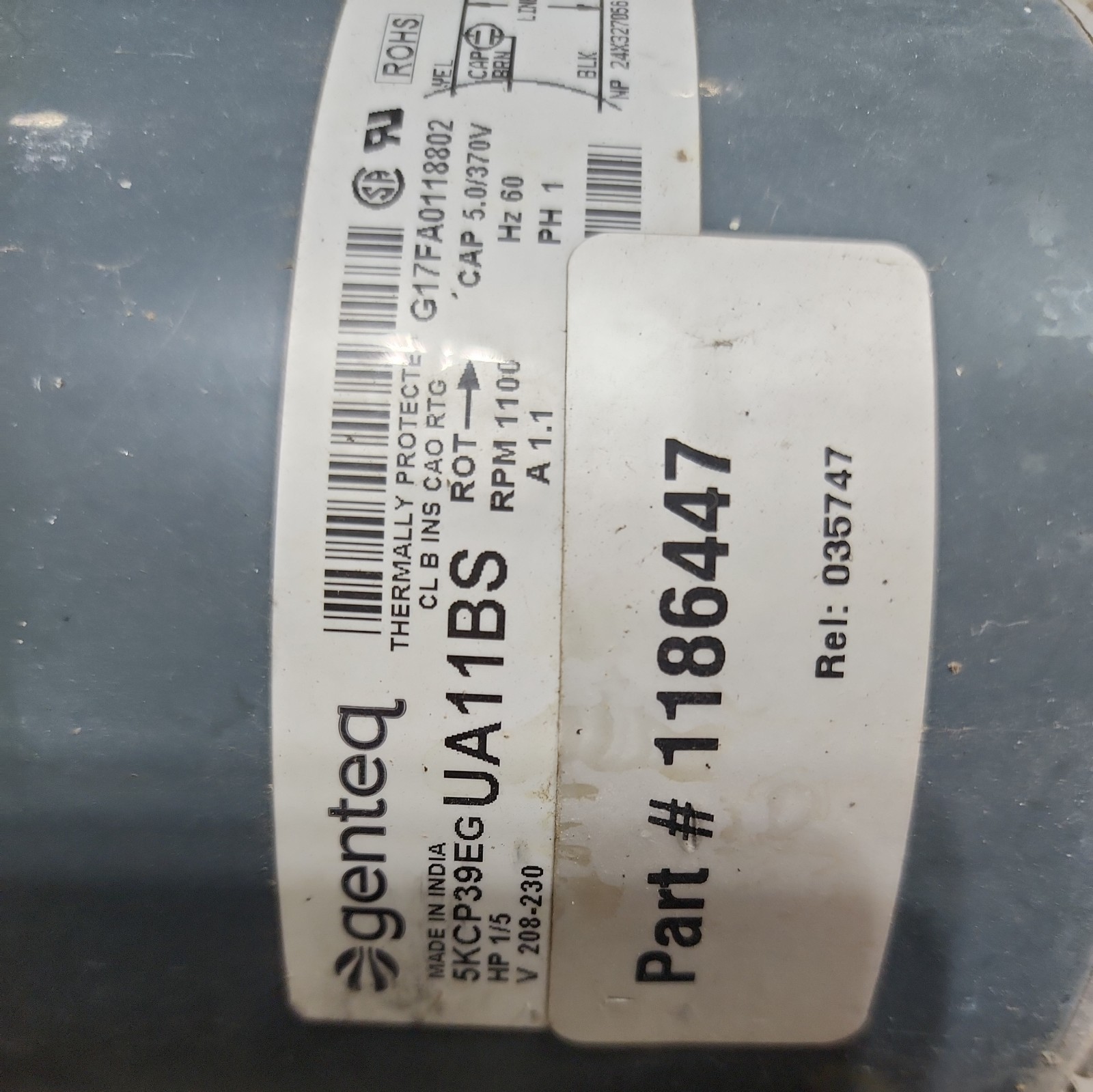 GQ52-GENTEQ 5KCP39EG CONDENSER FAN MOTOR 1/5HP 200/230V 1100RPM 1.1A UA11BS