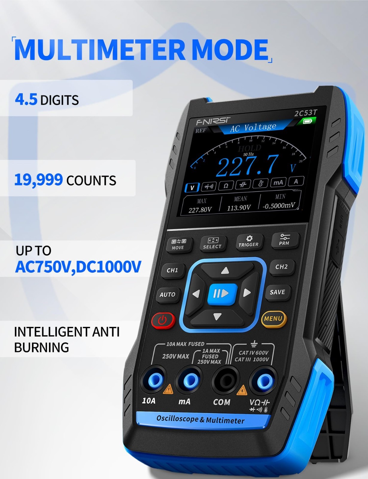 3-in-1 50MHz Oscilloscope Multimeter Signal Generator | 250MSa/s, 19999 Counts,