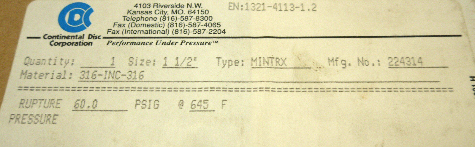 NEW CONTINENTAL DISC CORPORATION 1-1/2″ MINTRX RUPTURE DISC ASSEMBLY 60.0 PSIG