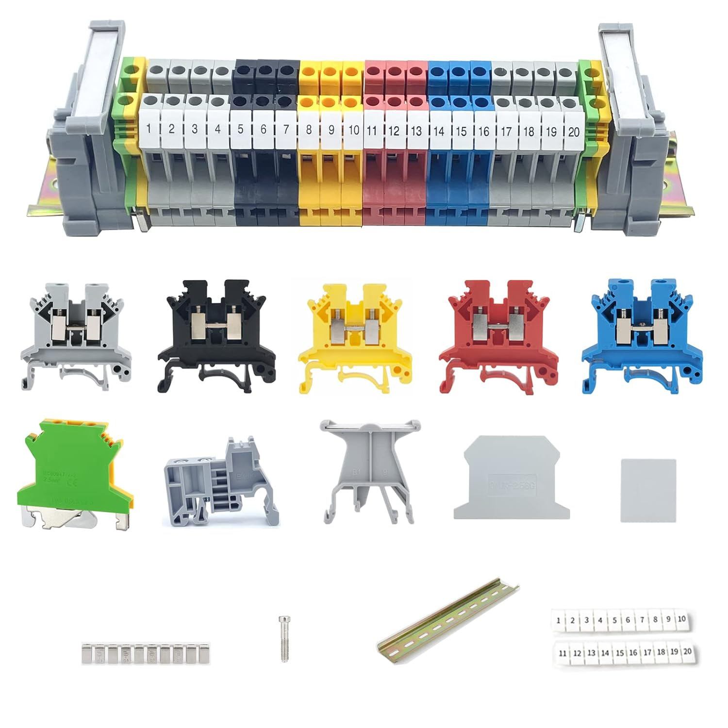 DIN Rail Terminal Block Kit 20 UK2.5B 12 AWG Gauge Terminal Blocks 20A 600V Grou