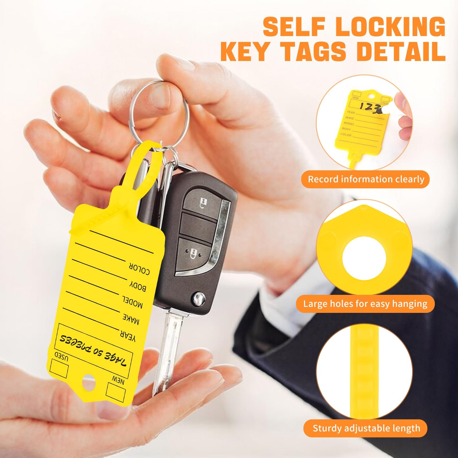 200 Pcs Yellow Self Locking Car Key Tags – Dealership Plastic Labels, Waterproof