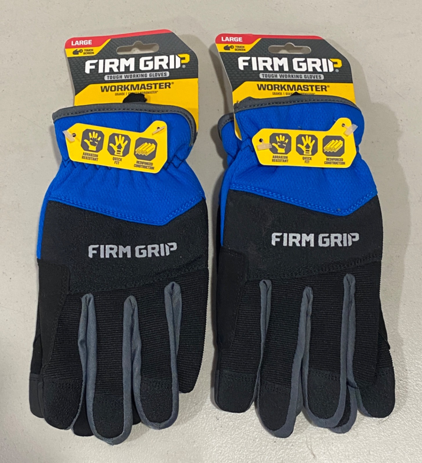 2x Firm Grip Tough Working Gloves – WorkMaster – Touch Screen – Large