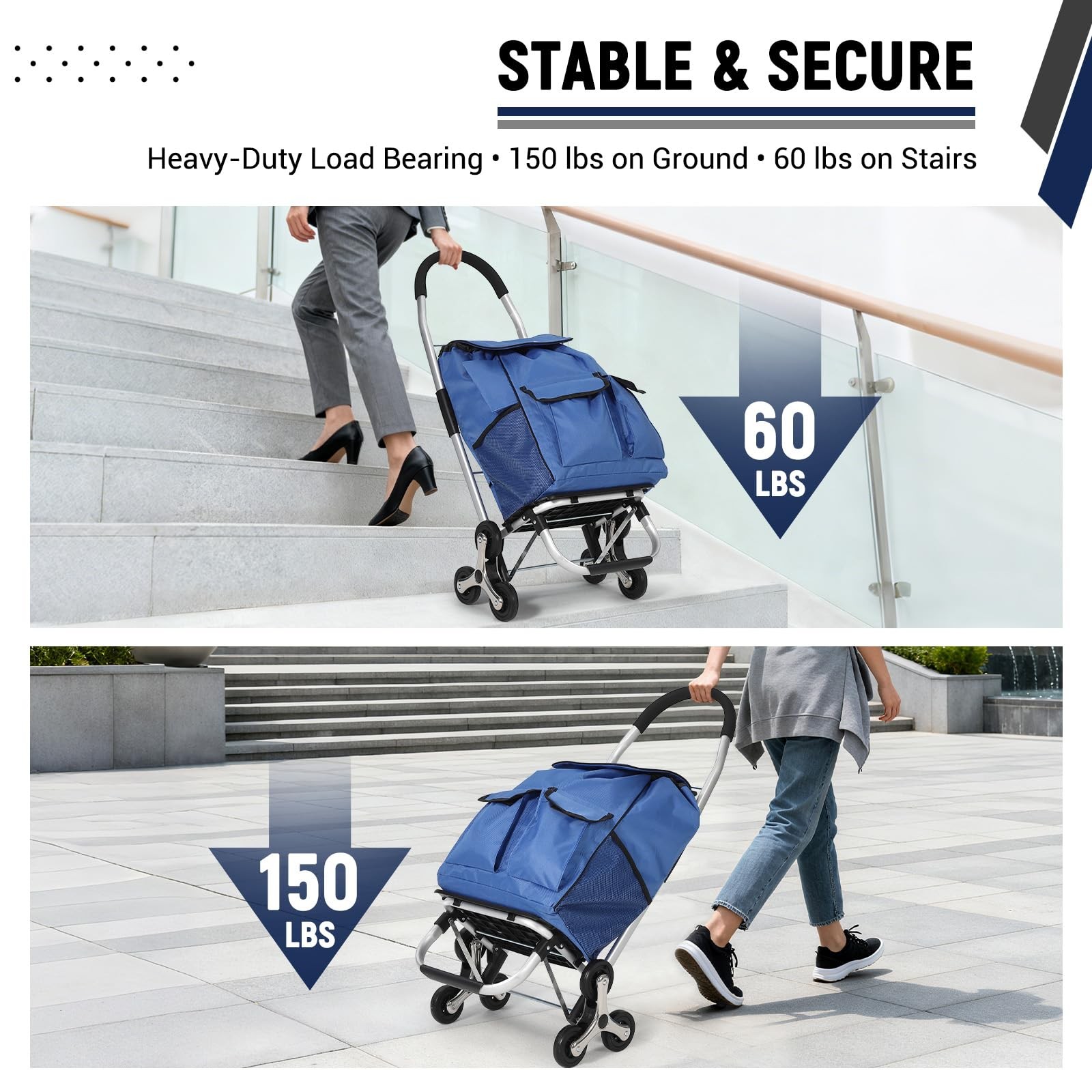 Folding Shopping Cart w/ 56L Removable Bag 150LB Stair Climbing Utility Cart