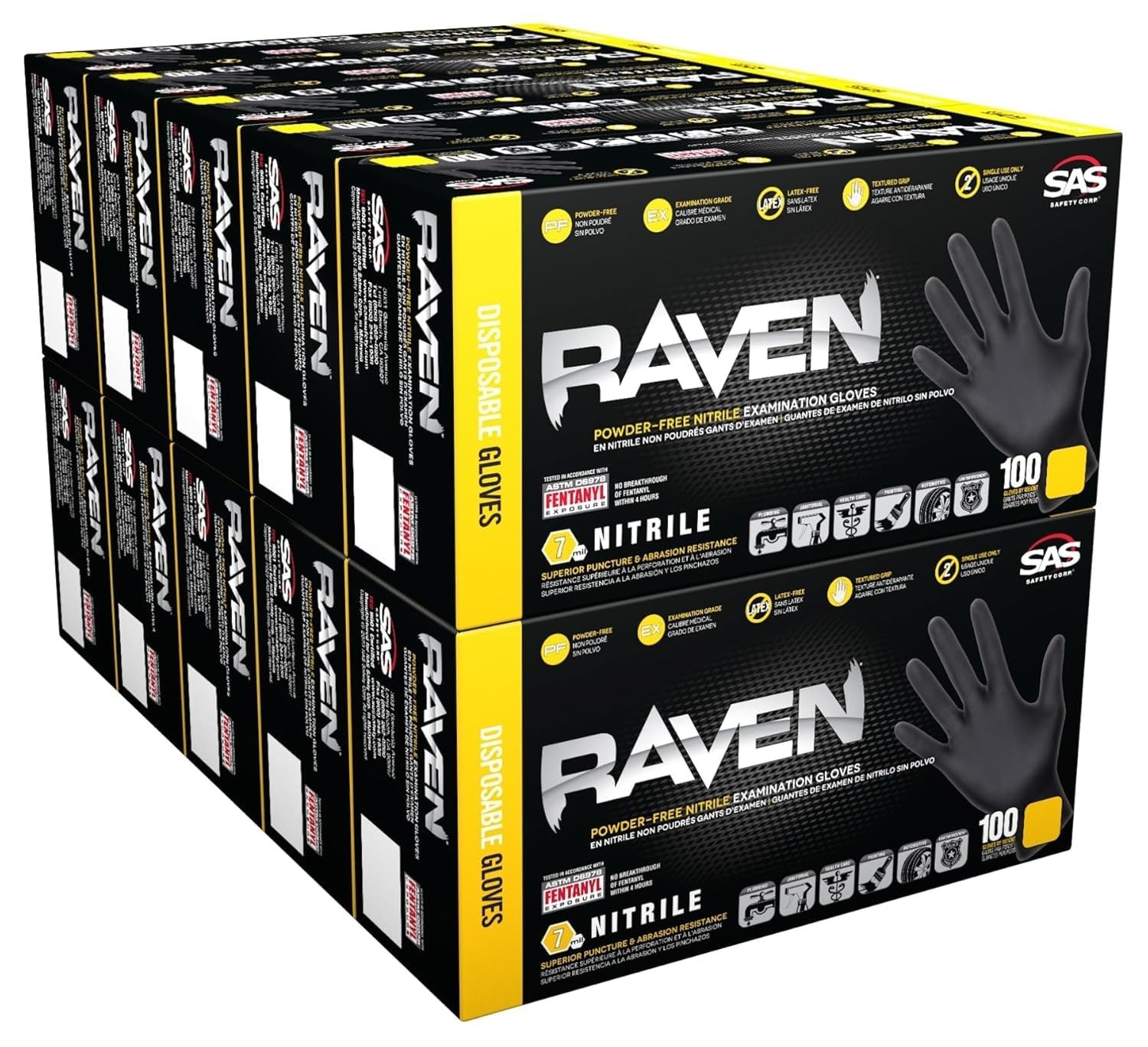 SAS SAFETY RAVEN 66518 Powder-Free Black Nitrile Gloves CASE (10 BOXES) LARGE