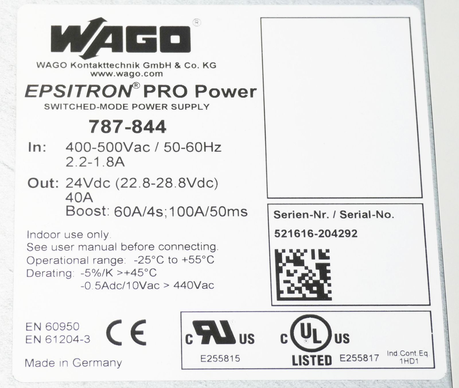 WAGO Epsitron Pro Power 787-844 24VDC 40A Power Supply -used-