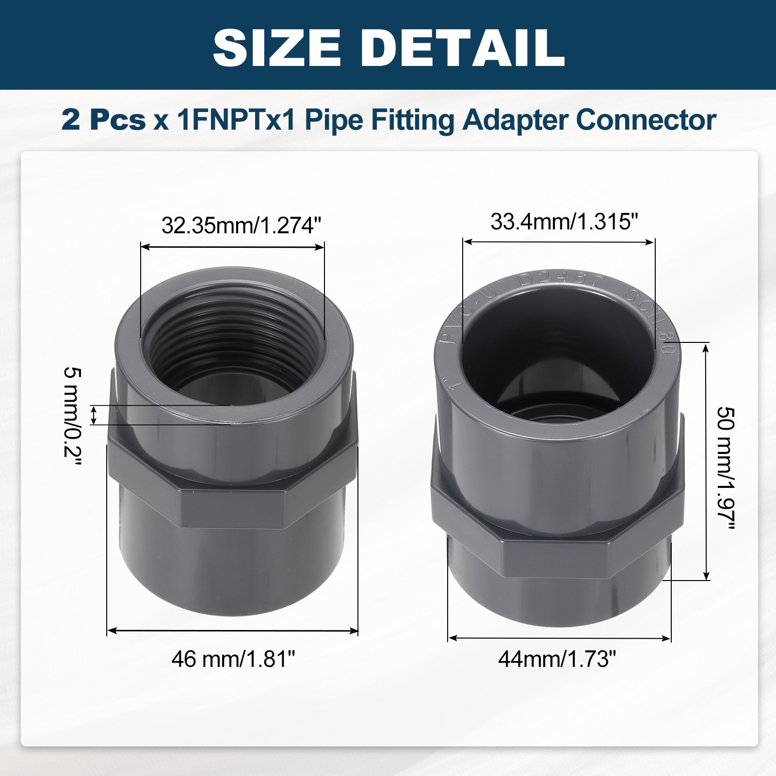 2 Pcs Female Threaded Pipe Fitting, 1″FNPTx1″ Schedule 80, Dark Gray