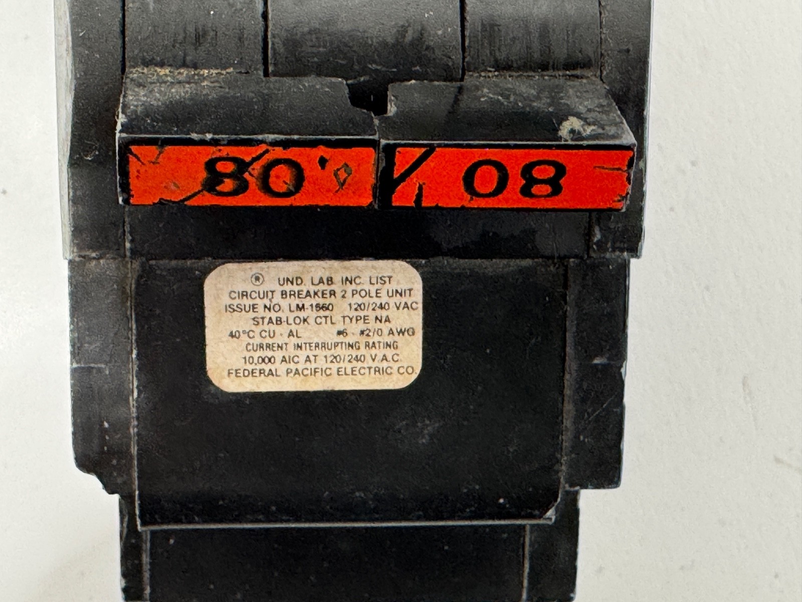 Federal Pacific Electric NA280 2 Pole 80 Amp 10kA@240V Stab-Lok Circuit Breaker