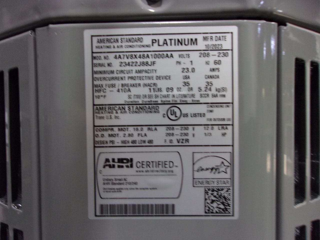 AMERICAN STANDARD Scratch & Dent Central Air Conditioner Condenser 4A7V8X48A1000