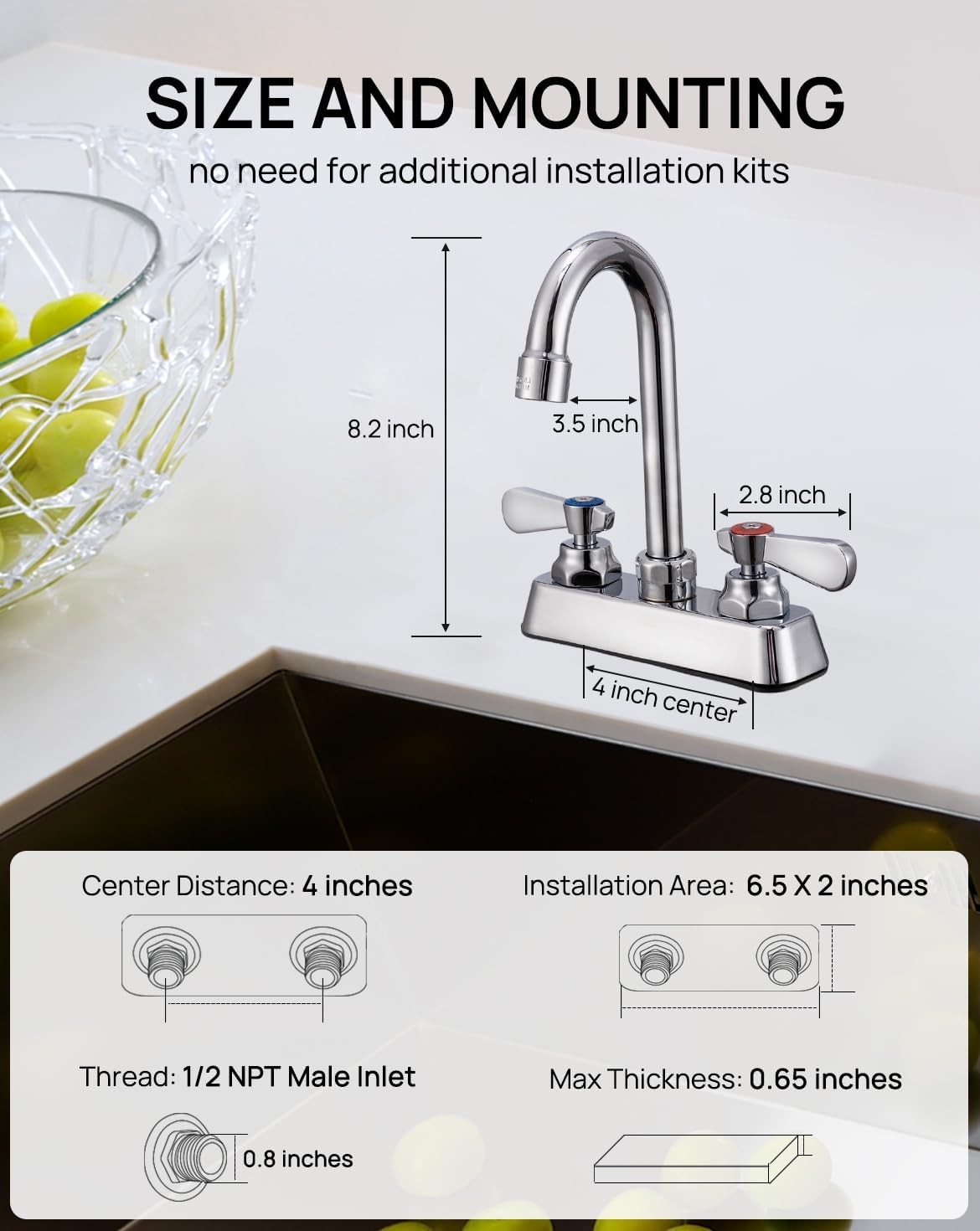 Commercial 4″ Center Deck-Mount Brass Kitchen Faucet with 3.5″ Gooseneck Spout