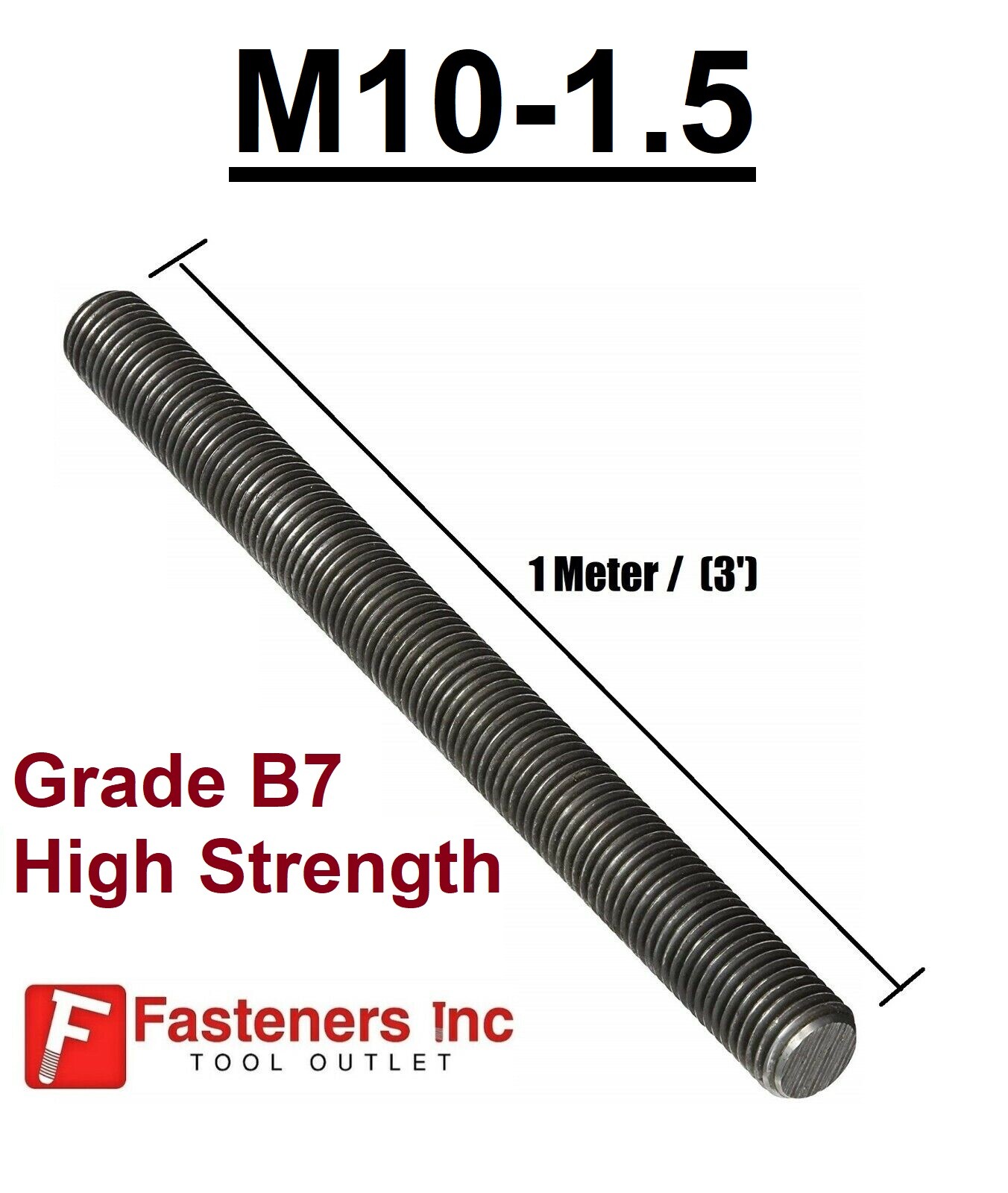 M10-1.5 X 1 METER (3′) B7 High Strength Hardened Threaded Rod / All Thread Plain