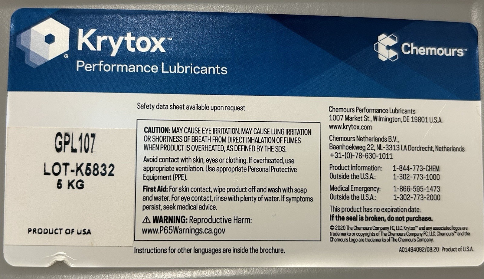 Krytox Vacuum Oil VPF1525 5KG new open box