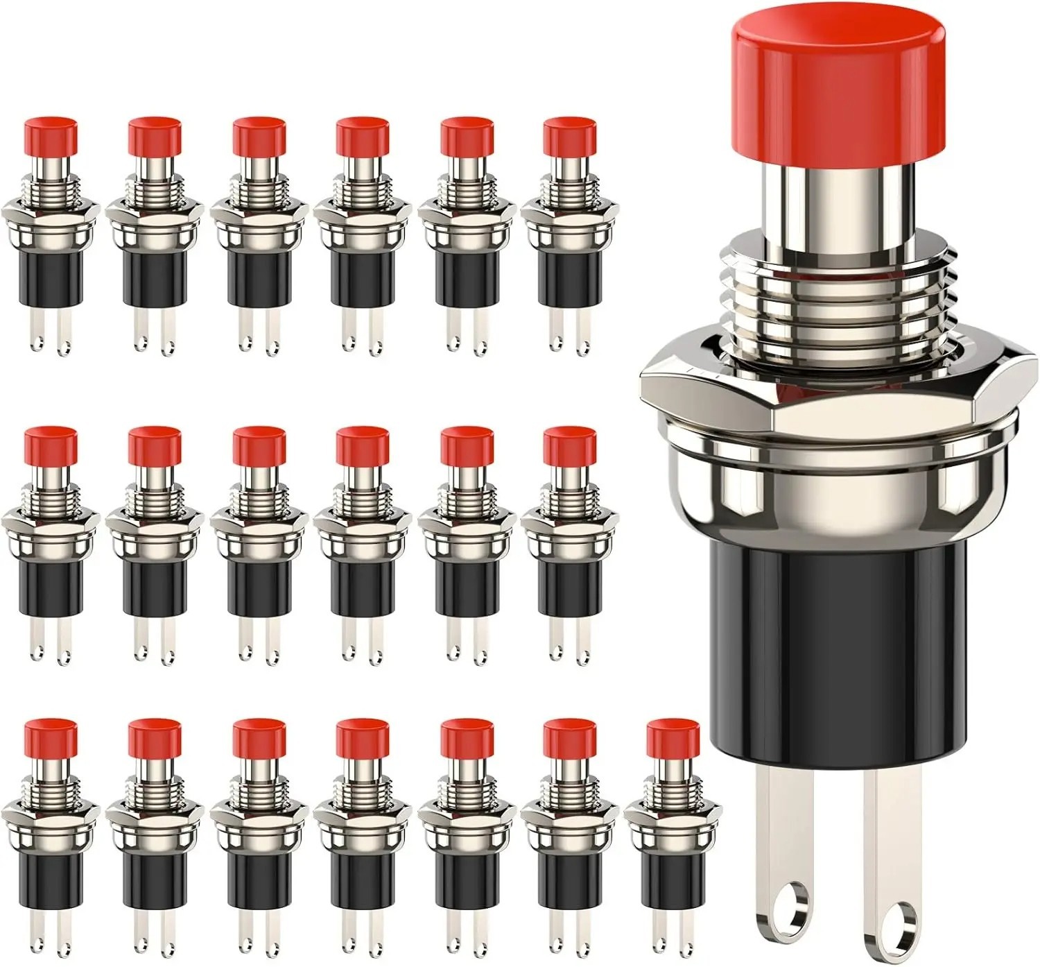 20pcs SPST Momentary Push Button Switches (1A/250VAC, NO) – Black & Red Cap