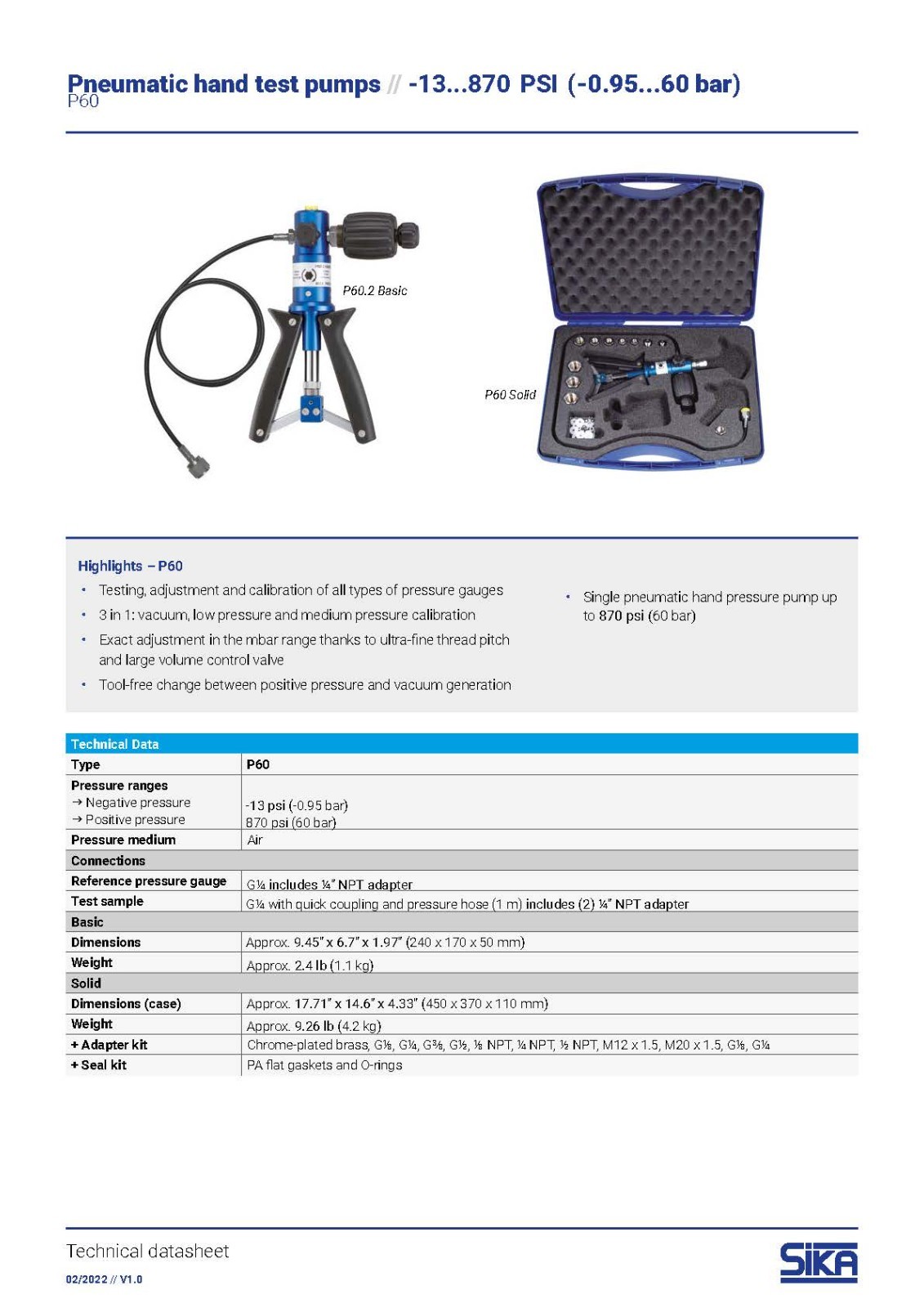 Pneumatic Hand Test Pump & Hose Only -14 to 870 PSI (-0.95-60 Bar) P60 OEM