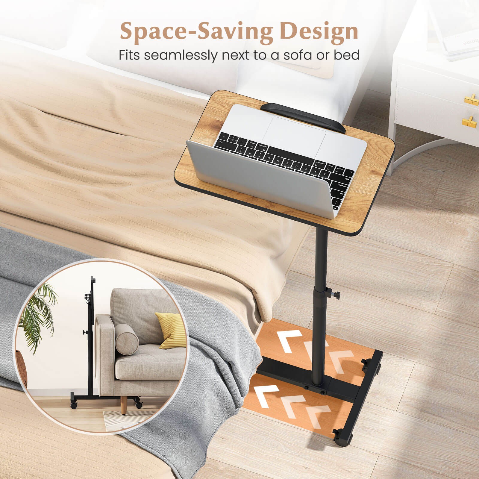 Costway Overbed Rolling Table Over Bed Laptop Food Tray Desk Tilting Top Natural
