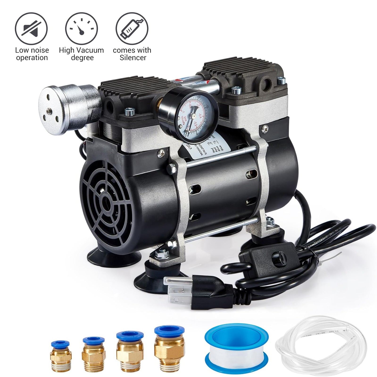 Lab Vacuum Pump Oilless Vacuum Pump 180W 50L/Min w/ Pressure Gauge,Silencer New