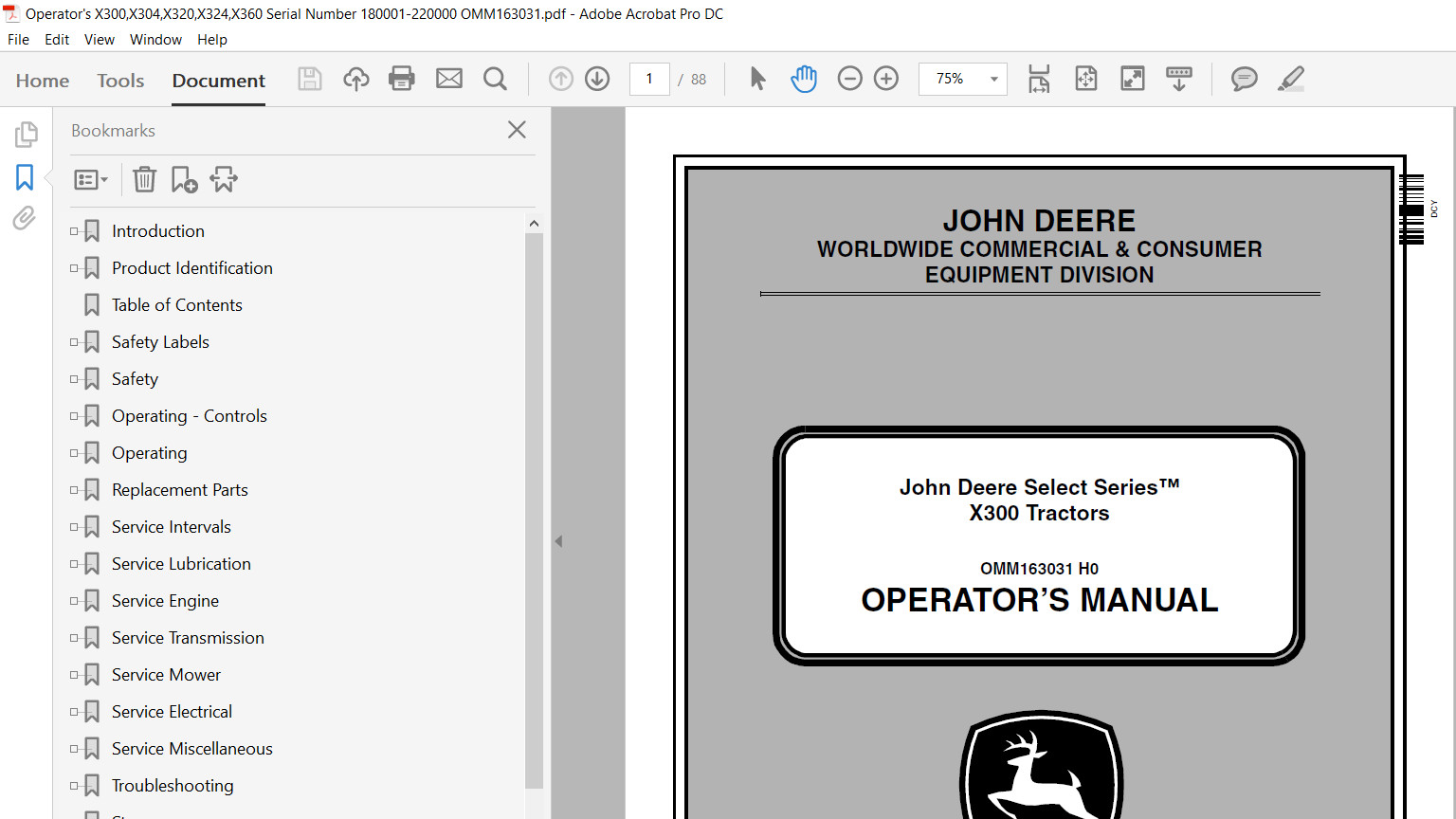John Deere X300 X304 X310 X320 X324 X340 X360 Technical & Operator’s Manual USB