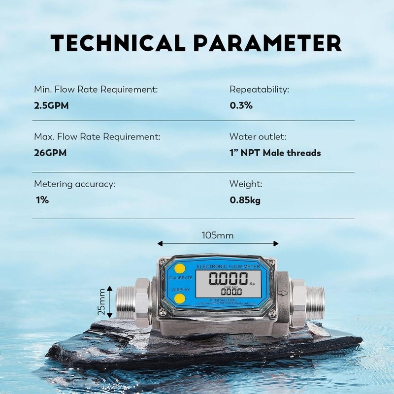 Water Flow Meter Gallons Liters Pints Quarts High Accuracy Multi-Display Durable