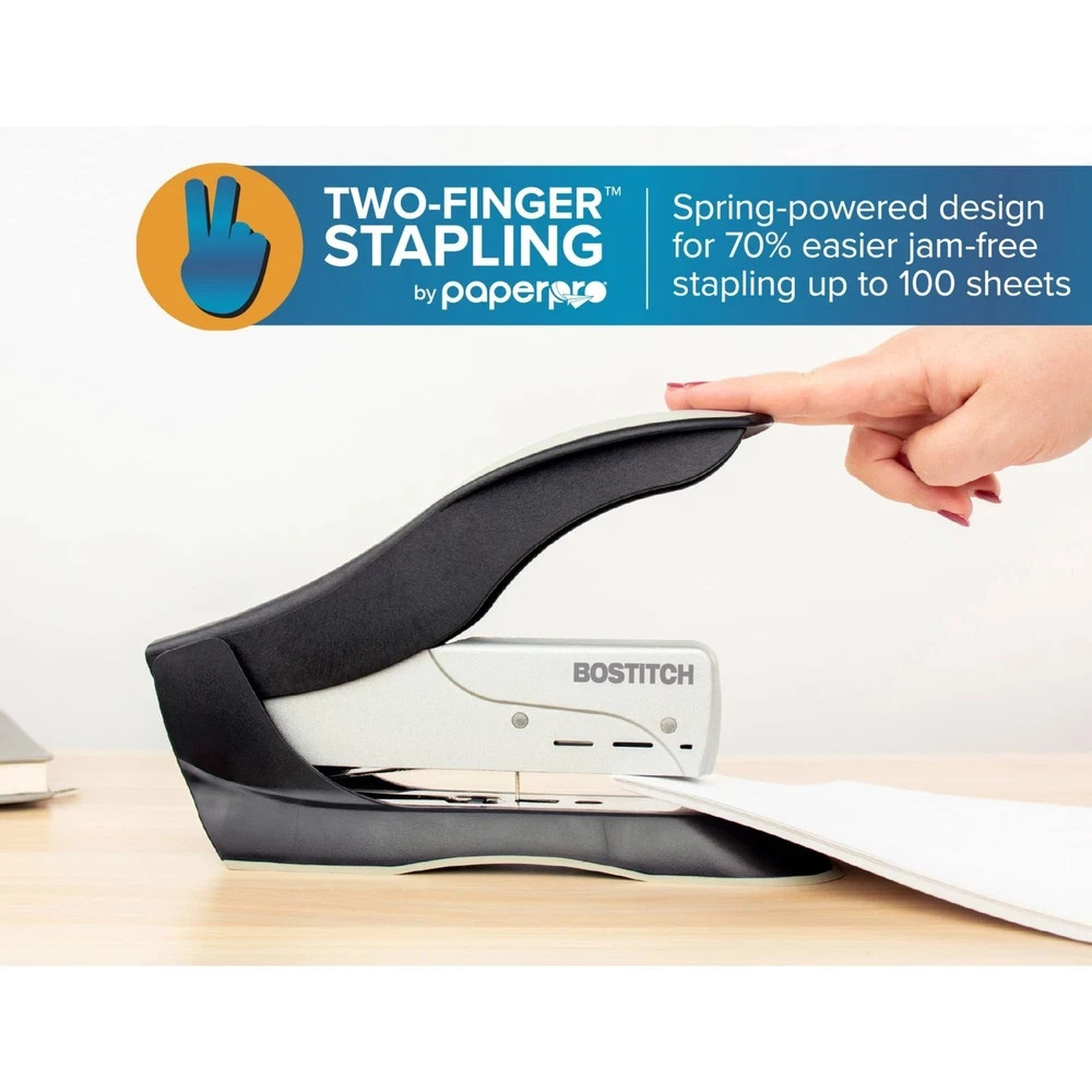 Bostitch inHANCE+100 Heavy Duty Stapler, 100 Sheets, Two-Finger, Spring-Powered