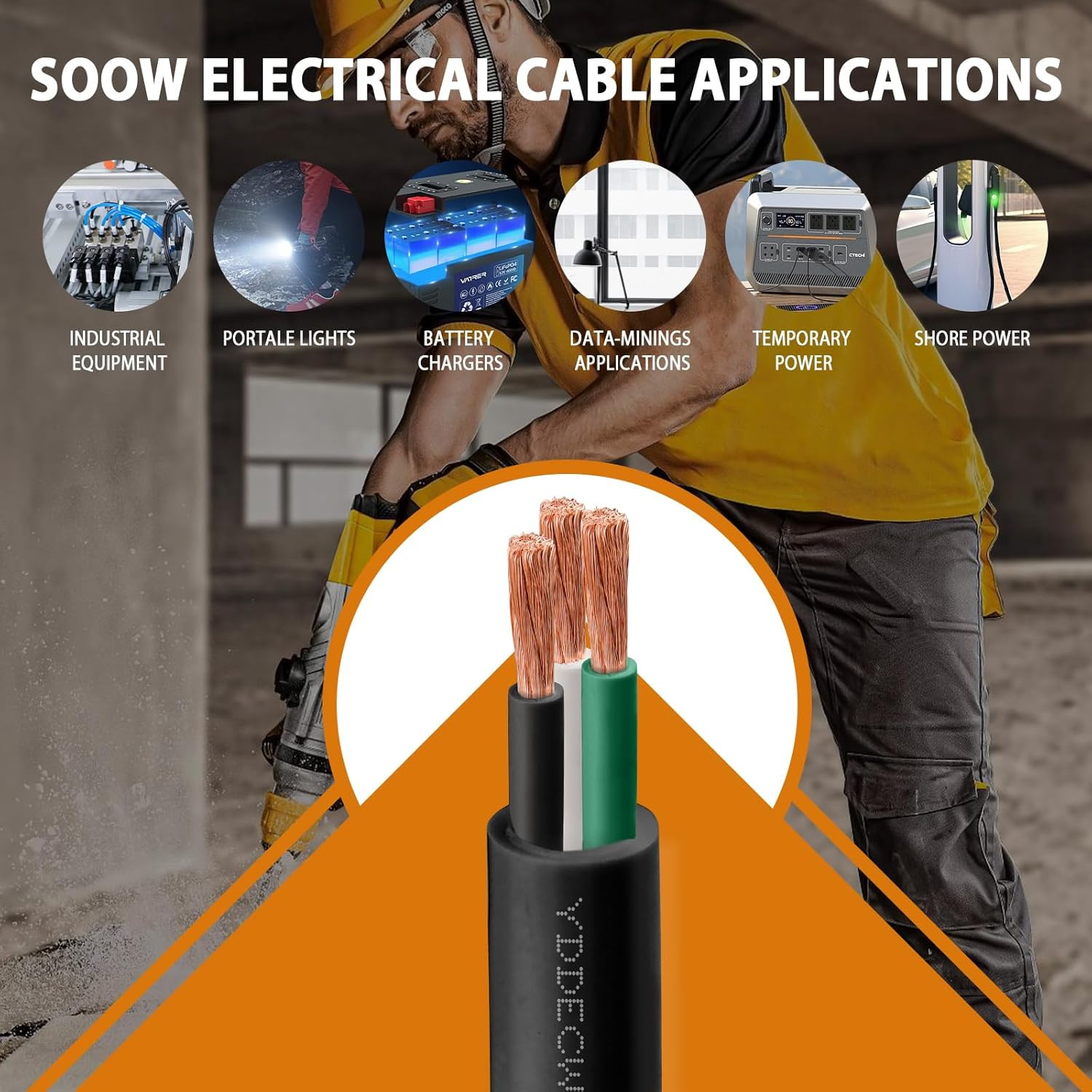 10Ft 14/3 14 AWG Portable Power Cable (3 Conductor) – SJOOW 300V 14 Gauge Electr