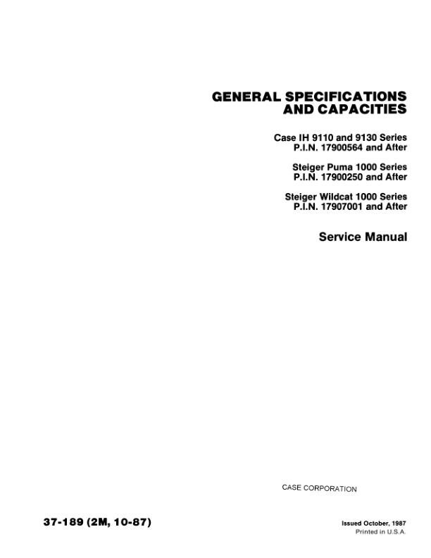 Case IH 1000,9110,9130,9150,9170,9180,9190 Cougar Tractor Service Manual 8-92722