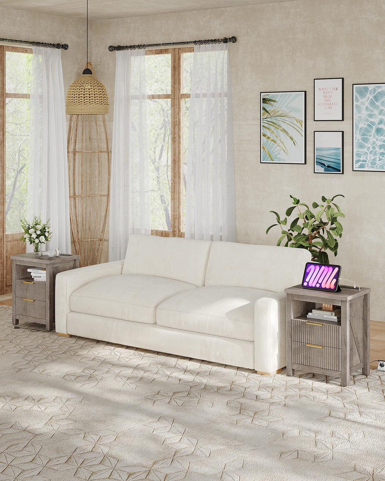 Fluted Nightstand Set of 2 with Charging Station and 2 Drawers