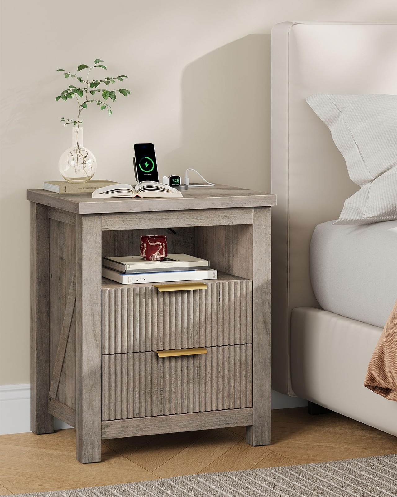 Fluted Nightstand Set of 2 with Charging Station and 2 Drawers