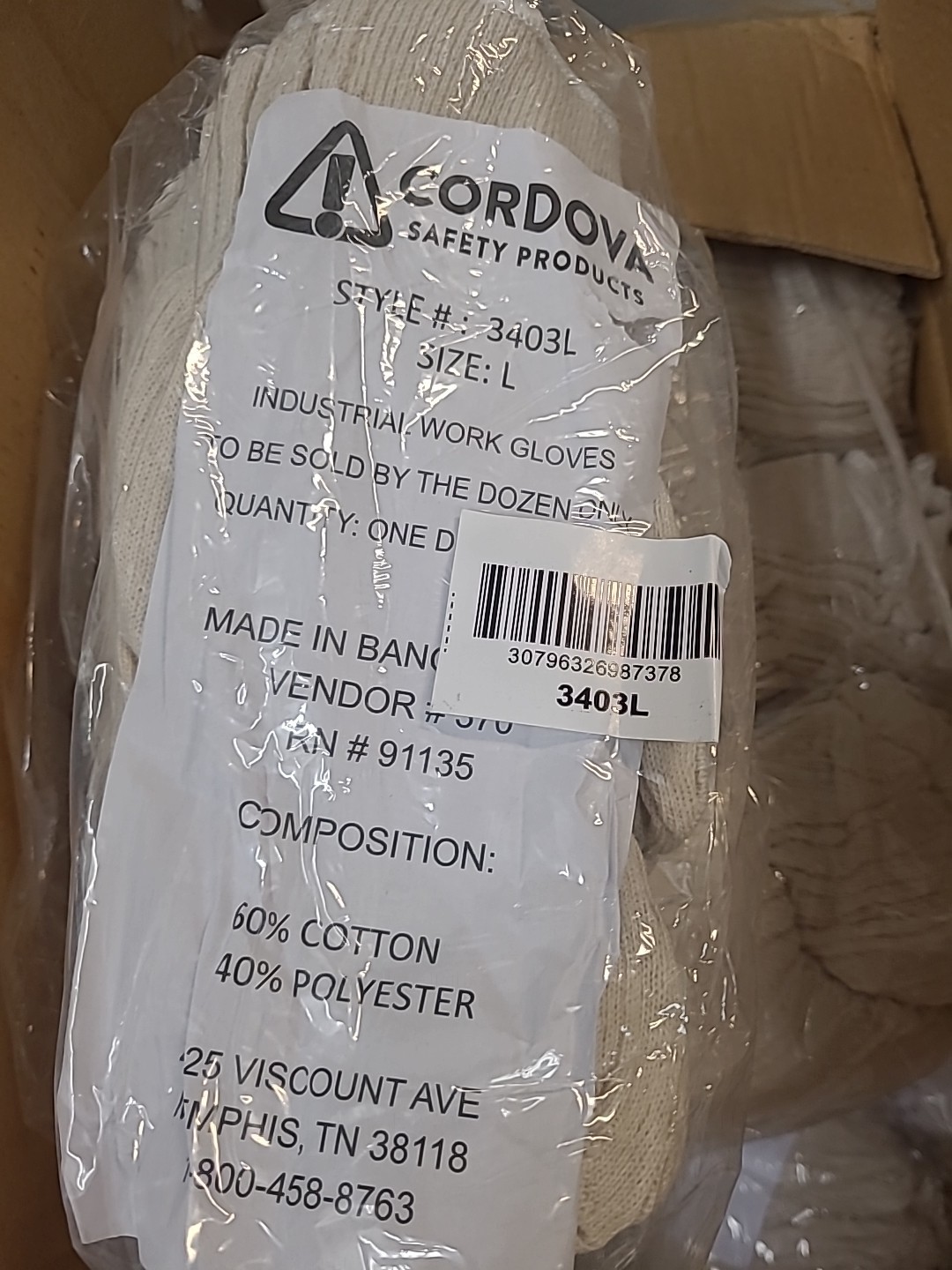 25 Dozen Cordova Industrial Gloves Size Large 60% Cott 40% Poly 3403L
