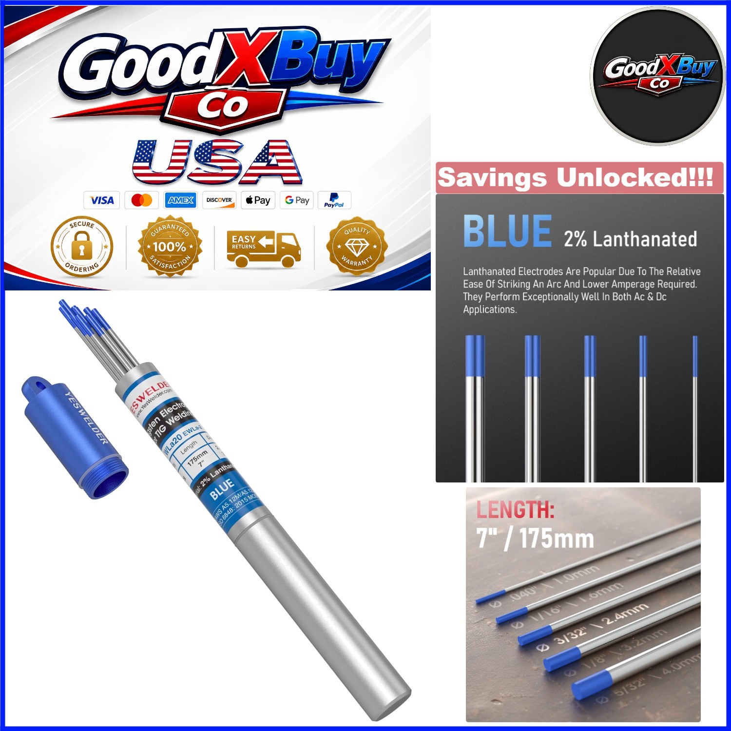AWS Certified Blue 2% Lanthanated TIG Welding Tungsten Electrodes 3/32″ x 7″ …