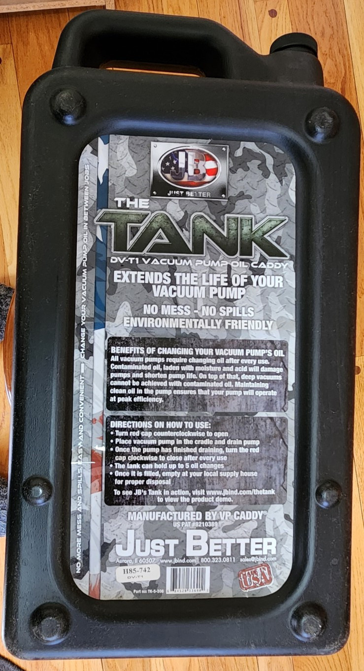 JB INDUSTRIES- JUST BETTER «THE TANK» DV-T1 VACUUM PUMP OIL CADDY MADE IN USA