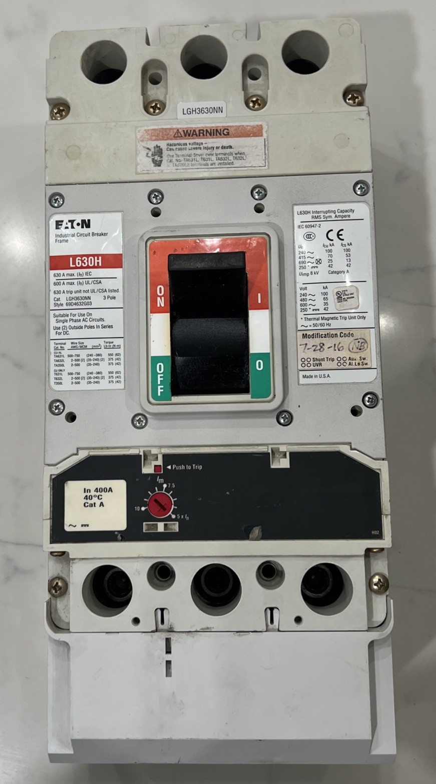 Eaton Circuit Breaker LGH3630NN 600 Amp 600Volt 3 pole W/Trip Unit