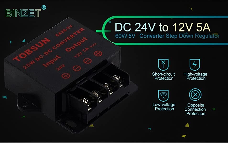 Voltage Regulator DC 24V to DC 12V 5A 60W Power Converter Step Down Buck Reducer