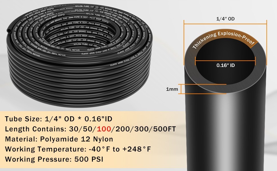 CheeMuii 100 FT 1/4″ DOT Air Line w 34 Pcs Brass DOT Air Line Fittings Kit 30.5m